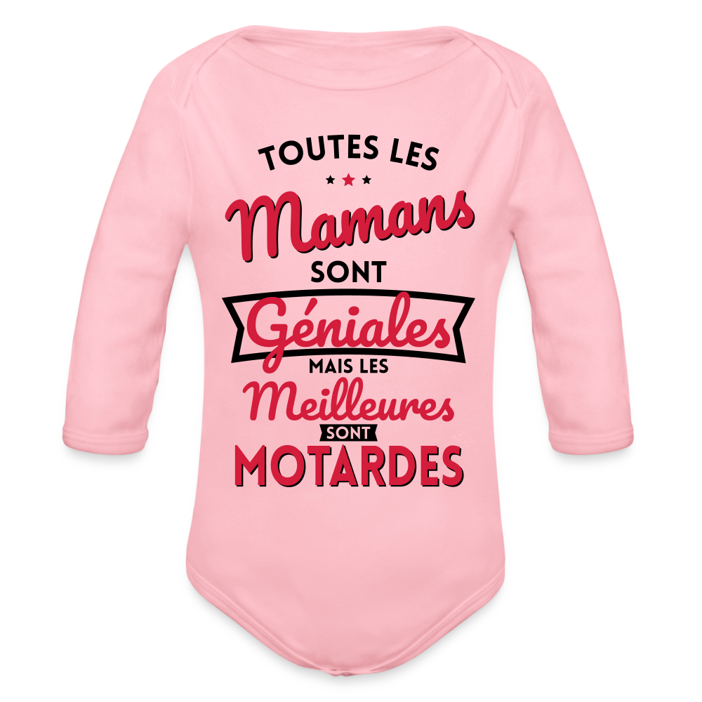 Body Bébé bio manches longues - Mamans géniales - Les meilleures sont motardes - rose clair