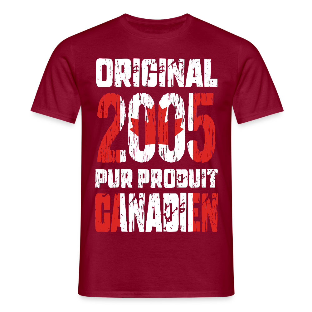 T-shirt Homme - Anniversaire 20 Ans - Original 2005 - Pur produit Canadien - rouge brique