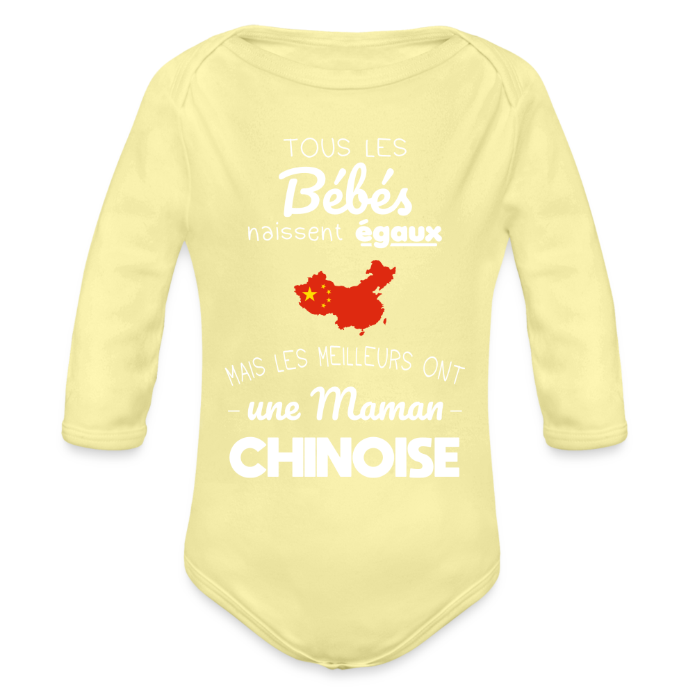 Body Bébé bio manches longues - Les Meilleurs Ont Une Maman Chinoise - jaune délavé