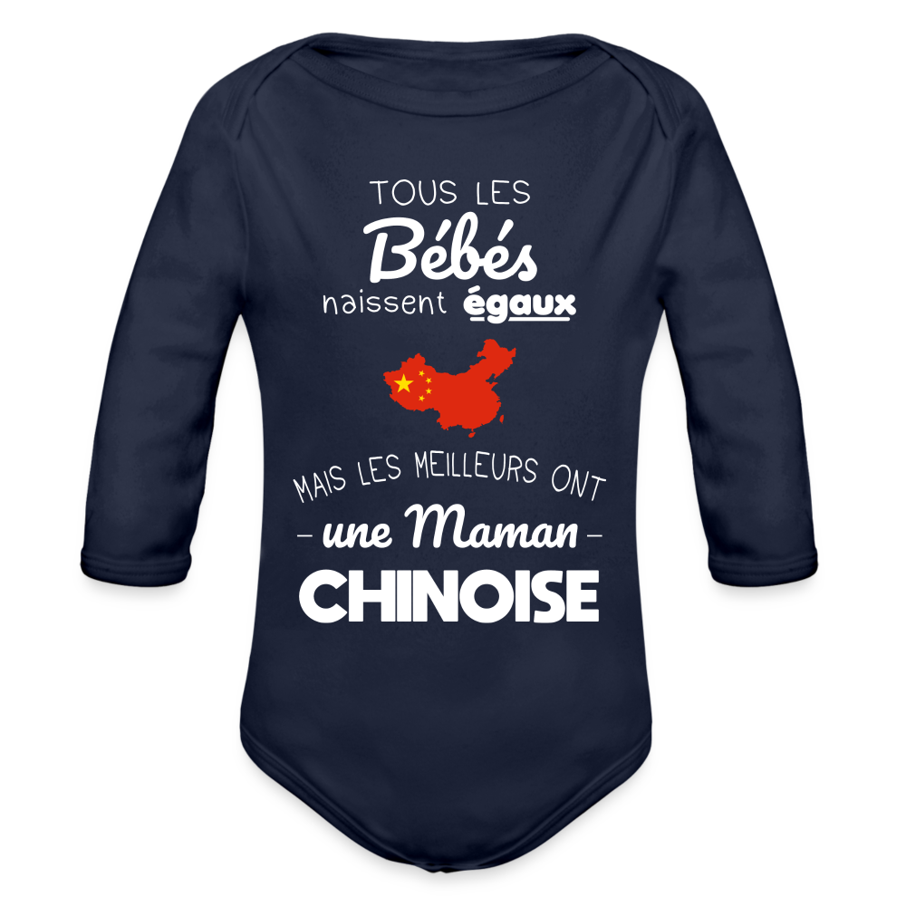 Body Bébé bio manches longues - Les Meilleurs Ont Une Maman Chinoise - marine foncé