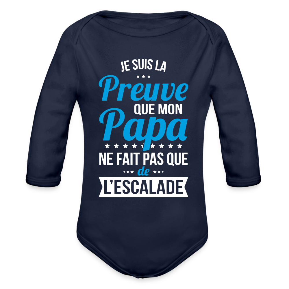 Body Bébé bio manches longues - Mon Papa Ne Fait Pas Que De l'Escalade - marine foncé
