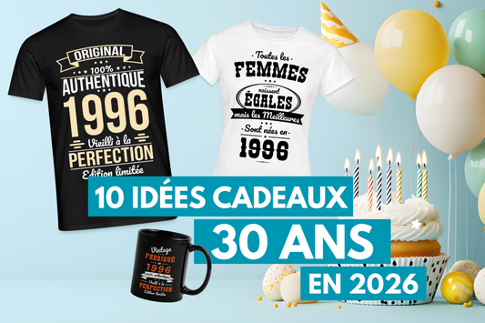 Image d’un gâteau d’anniversaire avec deux t-shirts 30 ans 1996 et un mug original anniversaire 30 ans.