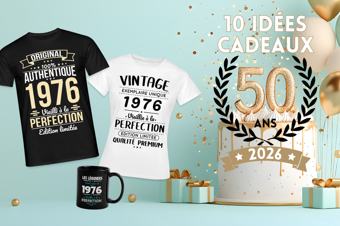 Image gâteau anniversaire 50 ans avec un t-shirt noir 1976, un t-shirt blanc femme Vintage 1976 et un mug noir 50 ans.