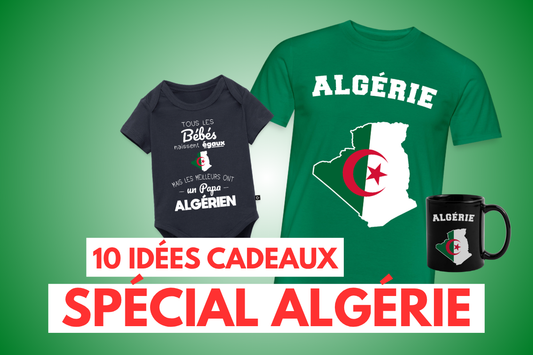 Image 10 idées cadeaux spécial Algérie avec un fond vert et un body bébé, un t-shirt homme et un mug Algérie 