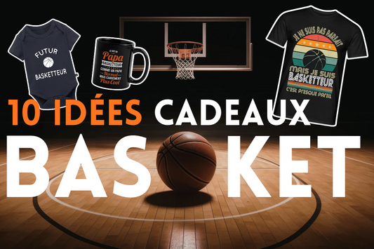 Image d'un terrain de basket avec un body bébé basket, un mug basket et un t-shirt basketball. Texte "10 idées cadeaux basket"