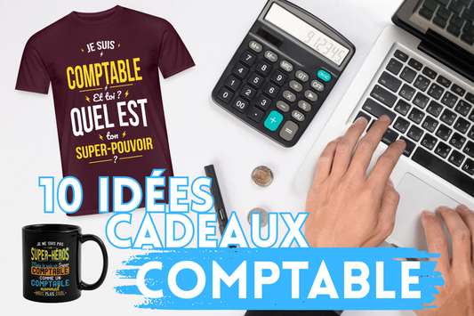 T-shirt et mug comptable avec une calculatrice et un ordinateur en décoration.