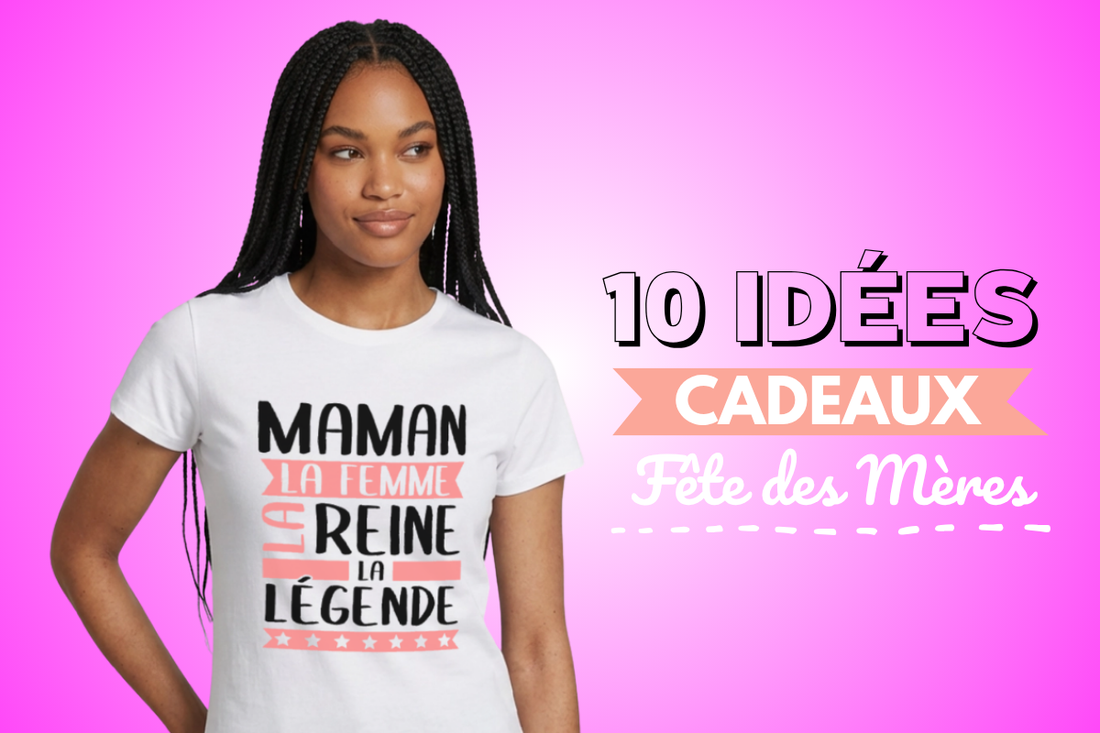 Femme portant un t-shirt maman sur un fond en dégradé rose 