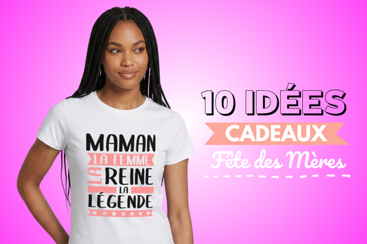 Femme portant un t-shirt maman sur un fond en dégradé rose 