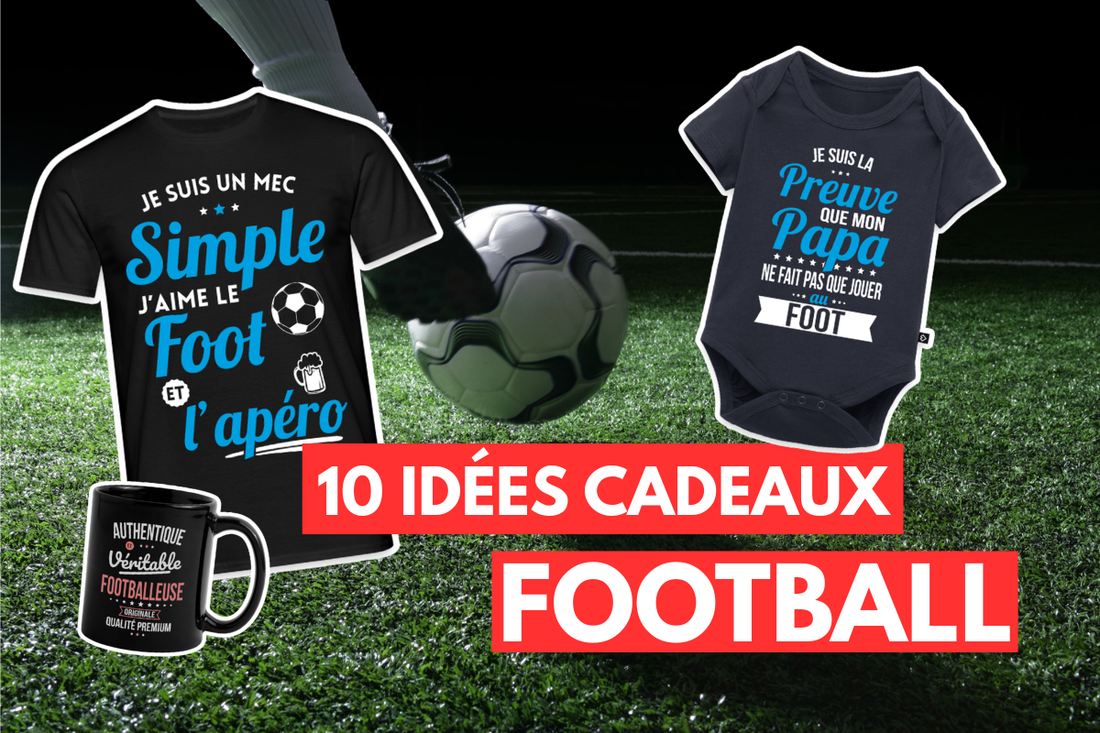 Image d’un ballon de foot avec un t-shirt football humoristique, un body bébé foot et un mug footballeuse.