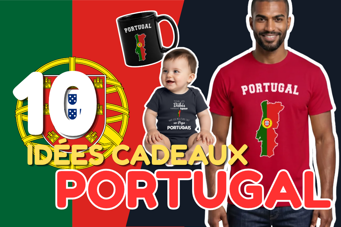 Drapeau du Portugal avec la photo d'un homme portant un t-shirt Portugal, celle d'un bébé avec un body Portugal et un mug Portugal