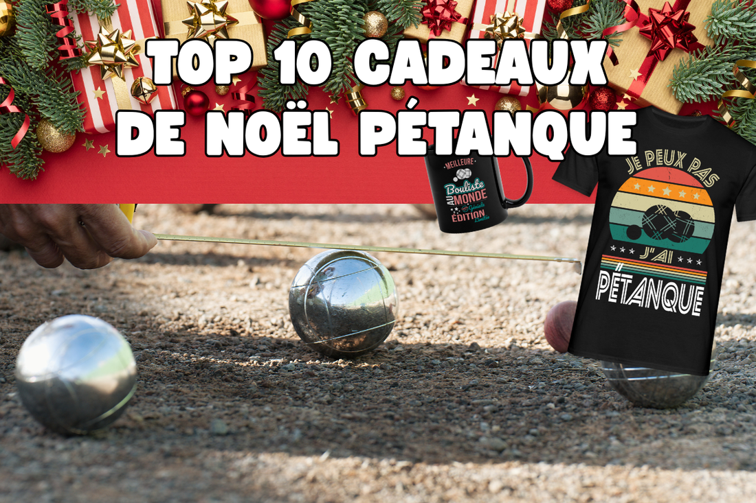 Image de Noël humoristique montrant des t-shirts et mugs sur le thème de la pétanque, idée cadeau originale pour boulistes, hommes et femmes – Zertyshirt.fr