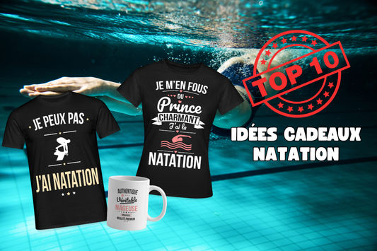 Image montrant deux t-shirts humoristiques sur la natation et un mug pour nageuses, parfaite illustration d’idées cadeaux originales pour passionnés de natation.