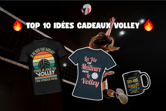 Volleyeuse sur fond noir avec des images de t-shirts volley humoristique et un mug volley original.