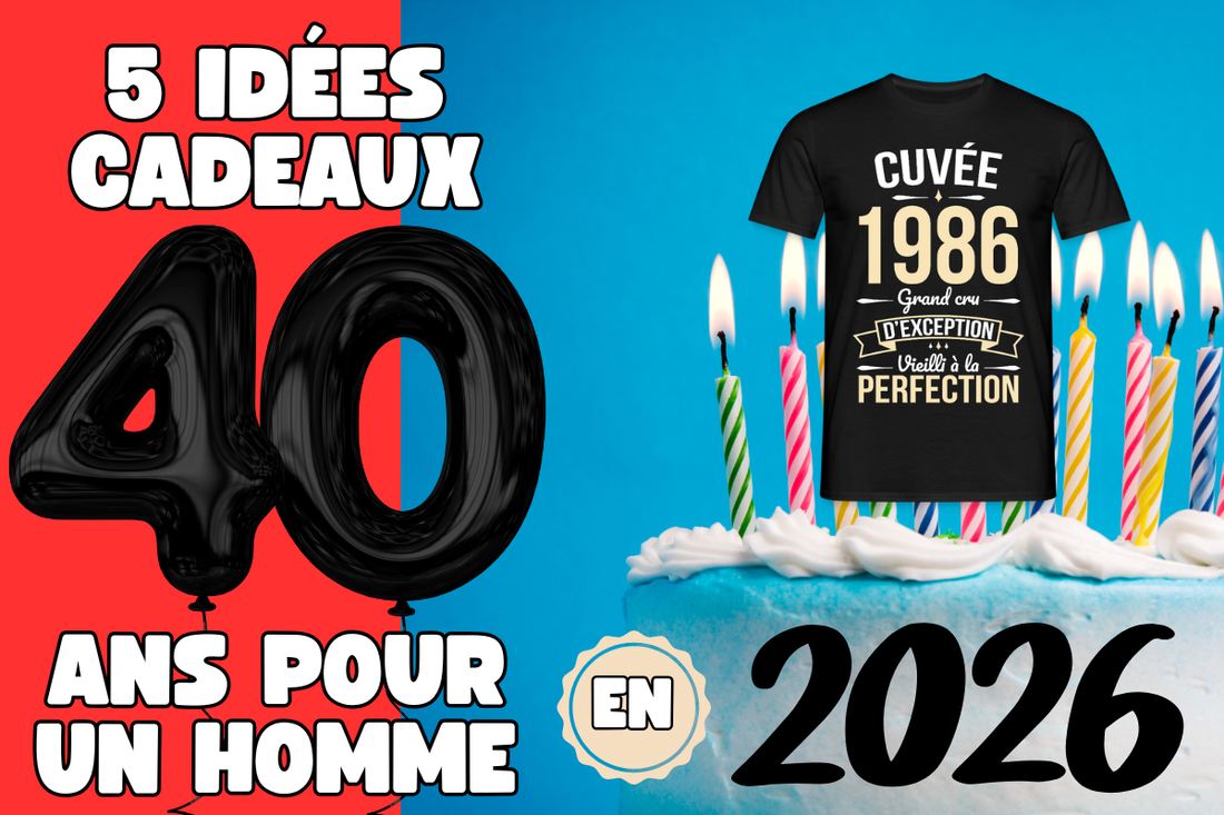 Gâteau anniversaire avec un l’image d’un t-shirt 40 ans “Cuvée 1986, vieilli à la perfection” — idée cadeau 40 ans pour homme, style vintage et drôle