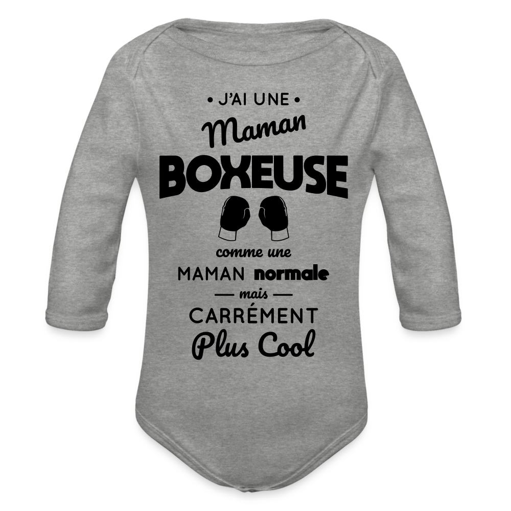 Body Bébé bio manches longues - J'ai une maman boxeuse - gris chiné