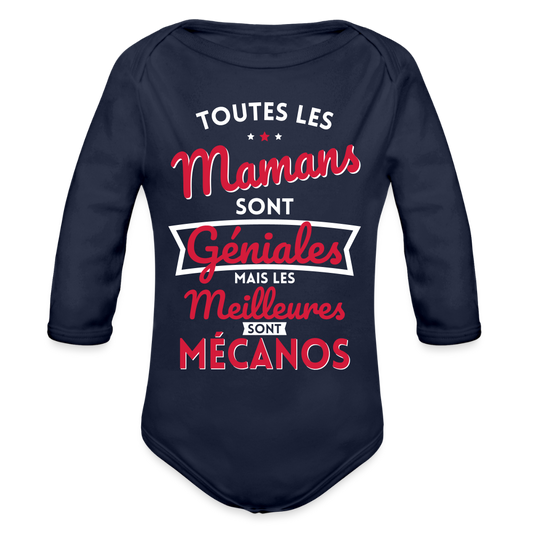 Body Bébé bio manches longues - Mamans géniales - Les meilleures sont mécanos - marine foncé