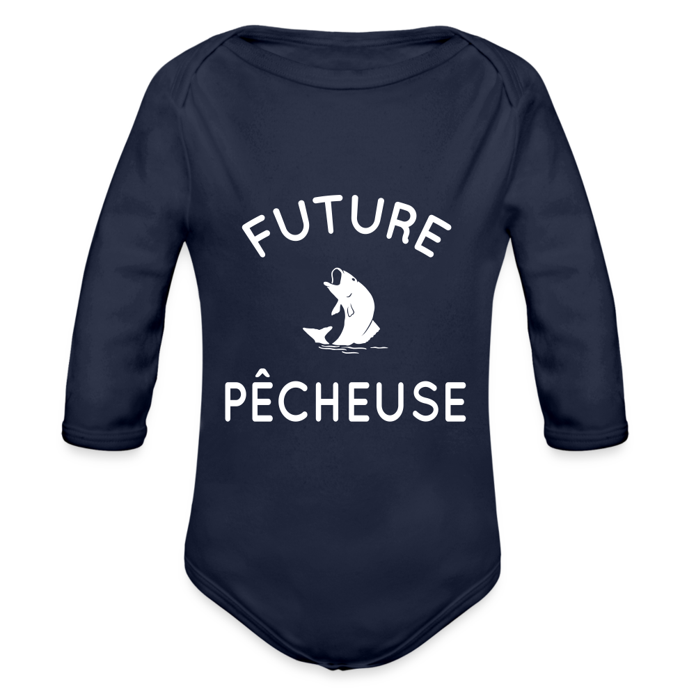 Body Bébé bio manches longues - Future pêcheuse - marine foncé