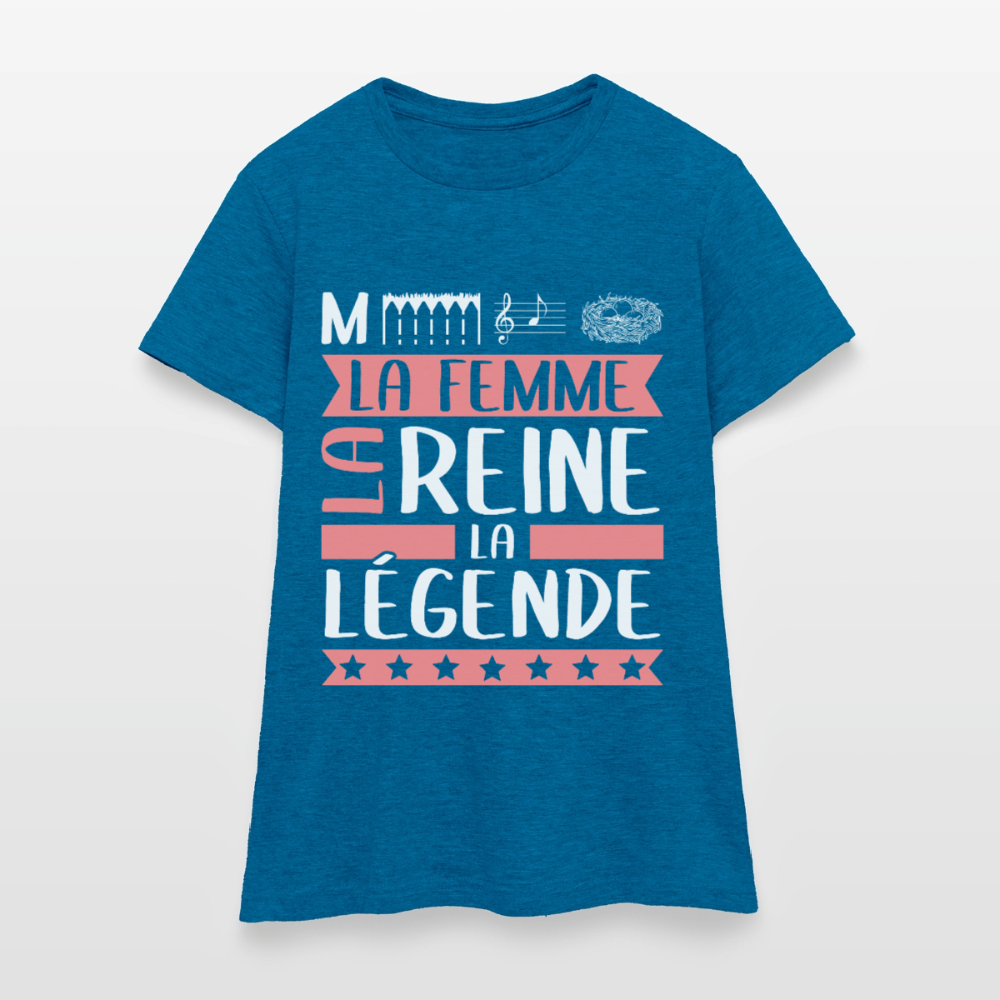 T-shirt femme Mélanie rébus – La femme, la reine, la légende - bleu saphir antique chiné