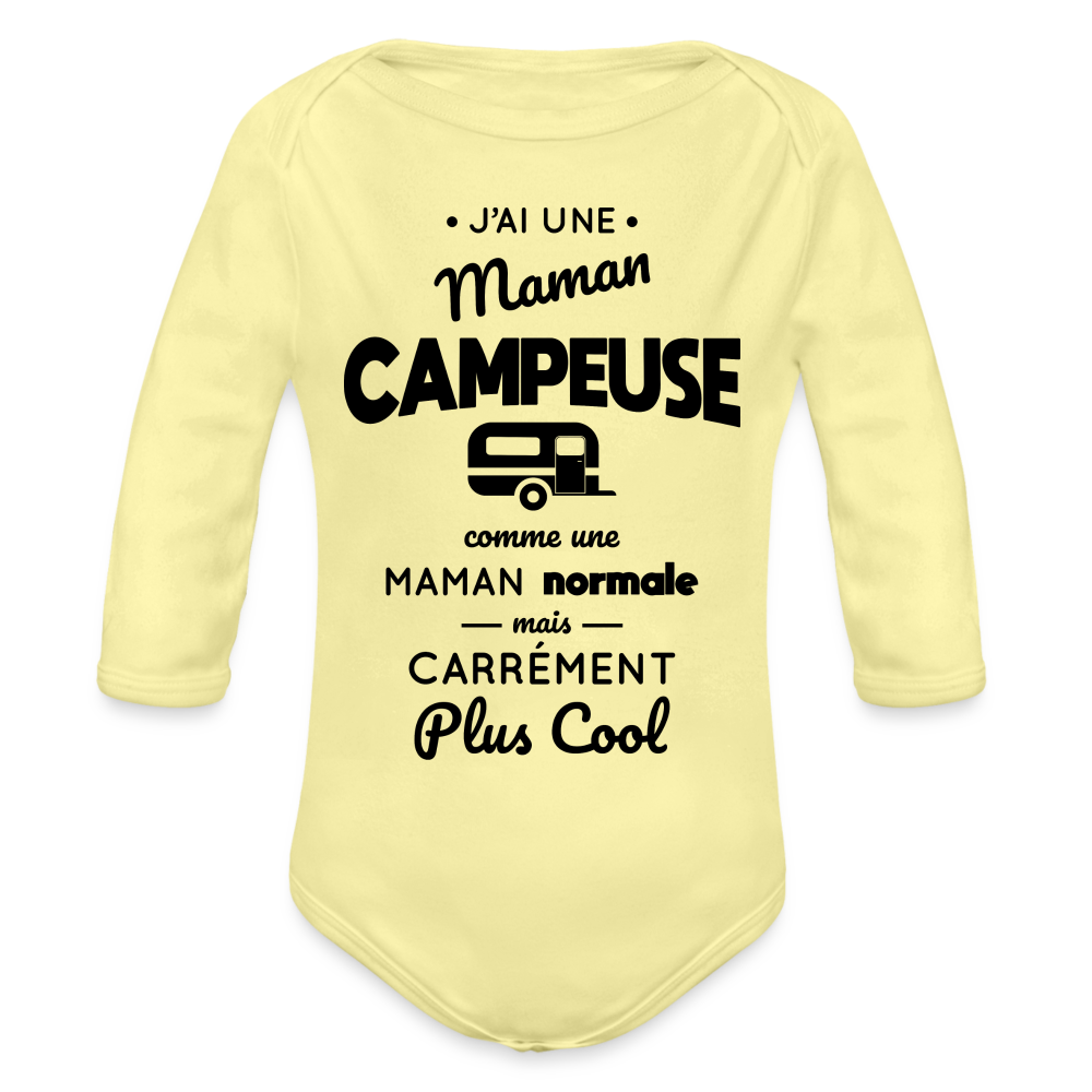 Body Bébé bio manches longues - J'ai une maman campeuse - jaune délavé