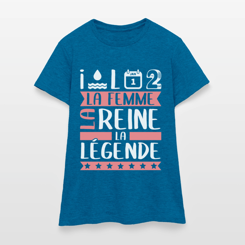 T-shirt femme Yolande rébus – La femme, la reine, la légende - bleu saphir antique chiné