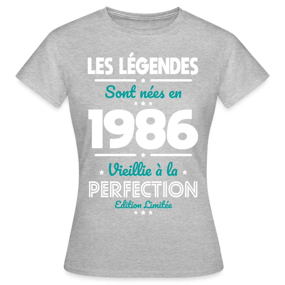 T-shirt anniversaire femme 40 ans – Les légendes sont nées en 1986 - gris chiné