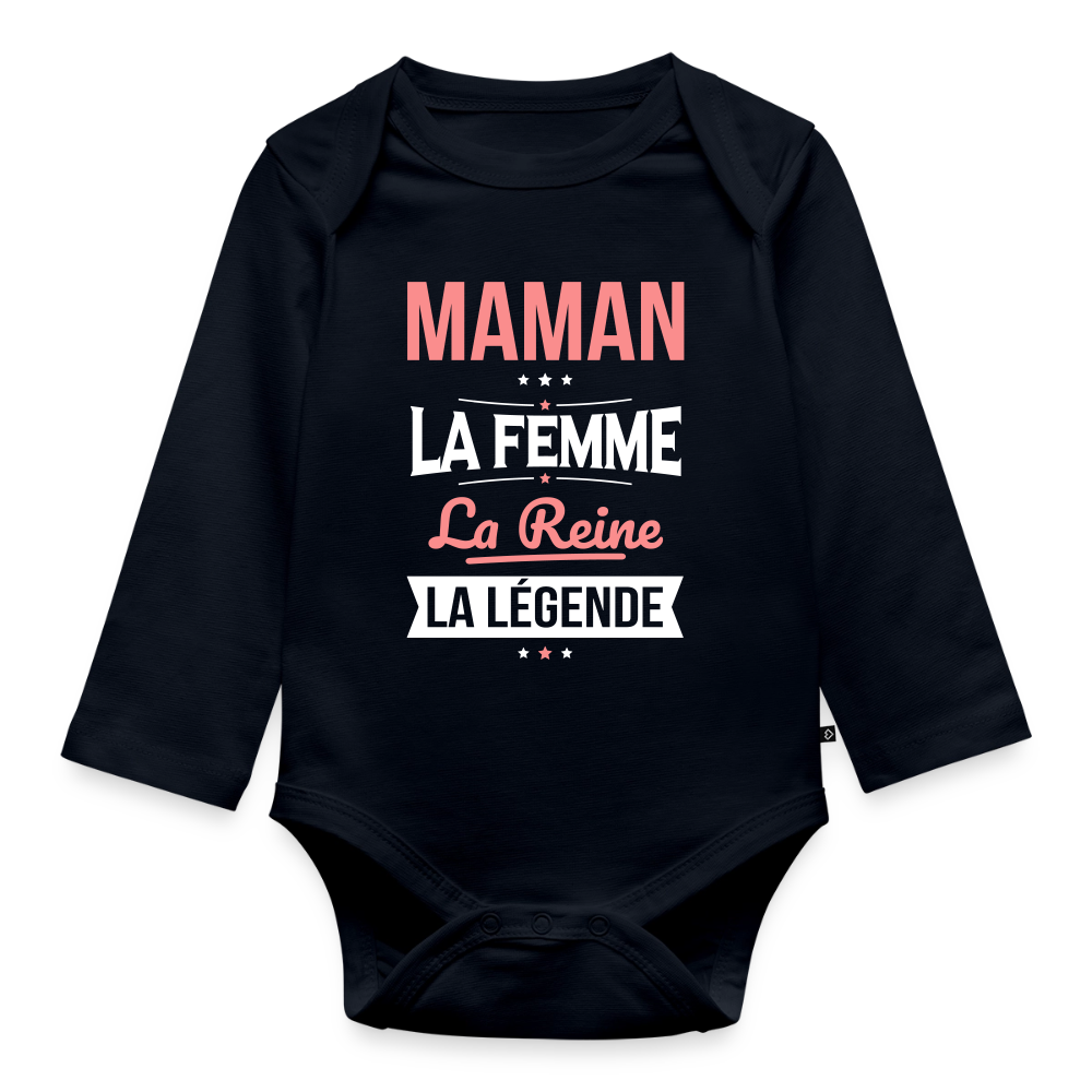Body bébé bio manches longues motif rose - Maman, femme, reine, légende - bleu marine