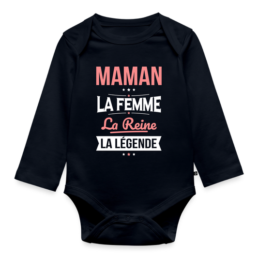 Body bébé bio manches longues motif rose - Maman, femme, reine, légende - bleu marine