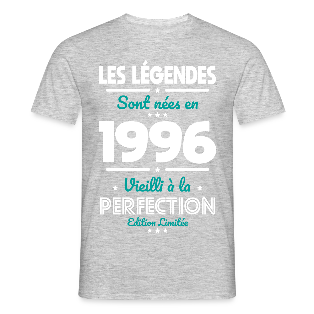T-shirt anniversaire homme 30 ans – Les légendes sont nées en 1996 - gris chiné