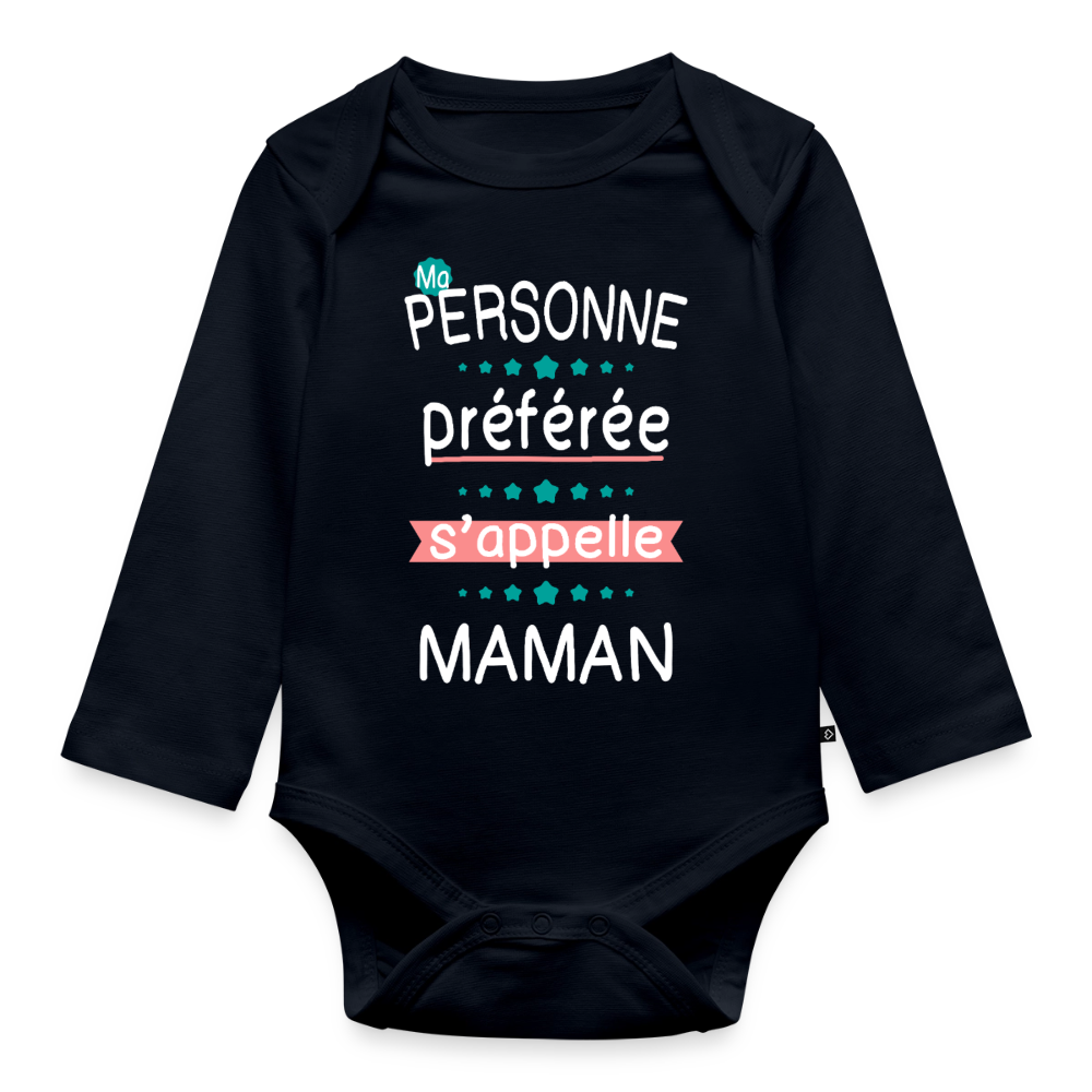 Body bébé bio manches longues impression rose - Personne préférée Maman - bleu marine