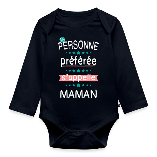 Body bébé bio manches longues impression rose - Personne préférée Maman - bleu marine