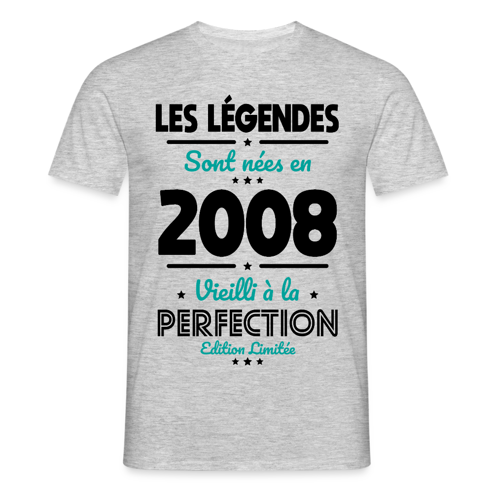 T-shirt anniversaire homme 18 ans couleur claire – Les légendes sont nées en 2008 - gris chiné