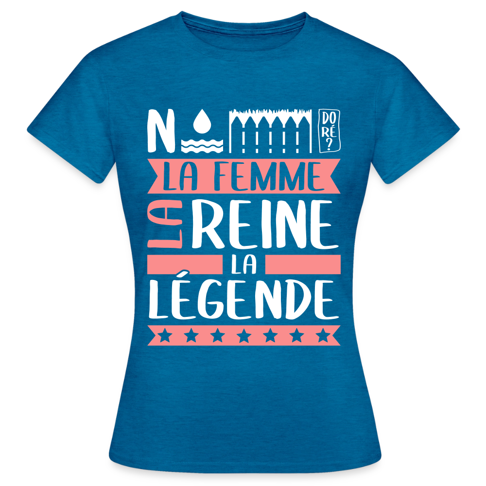 T-shirt femme Noémie rébus – La femme, la reine, la légende - bleu saphir antique chiné