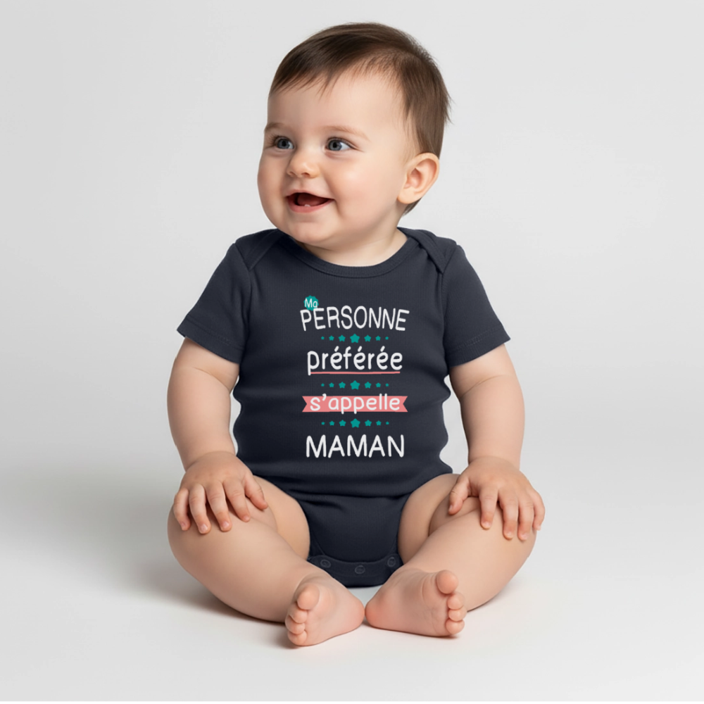 Body bébé bio manches courtes impression rose - Personne préférée Maman - bleu marine