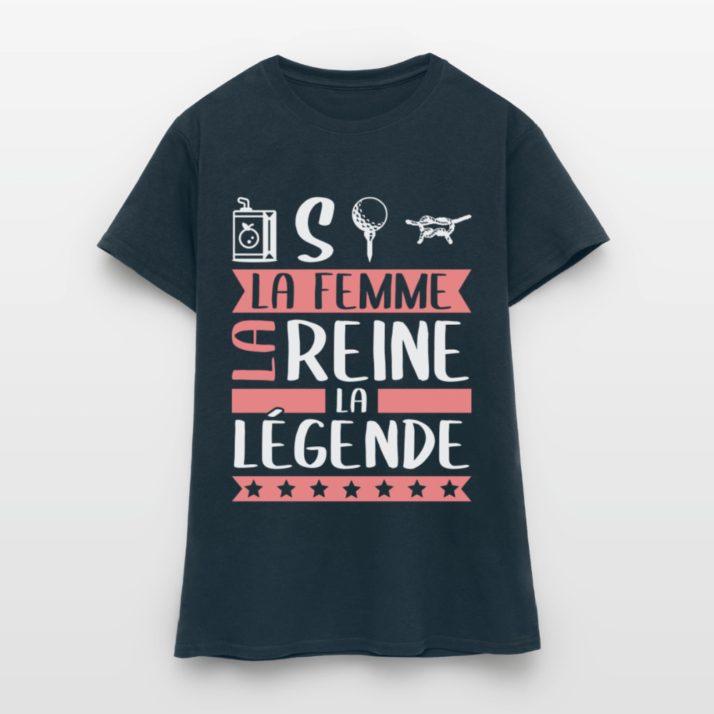 T-shirt femme Justine rébus – La femme, la reine, la légende - marine