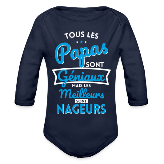 Body Bébé bio manches longues - Papas géniaux - Les meilleurs sont nageurs - marine foncé