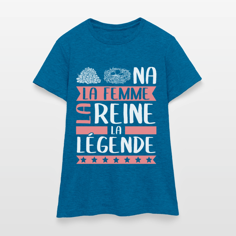 T-shirt femme Tanina rébus – La femme, la reine, la légende - bleu saphir antique chiné