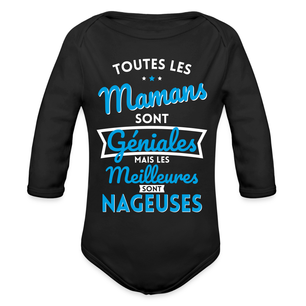 Body Bébé bio manches longues - Mamans géniales - Les meilleures sont nageuses - noir