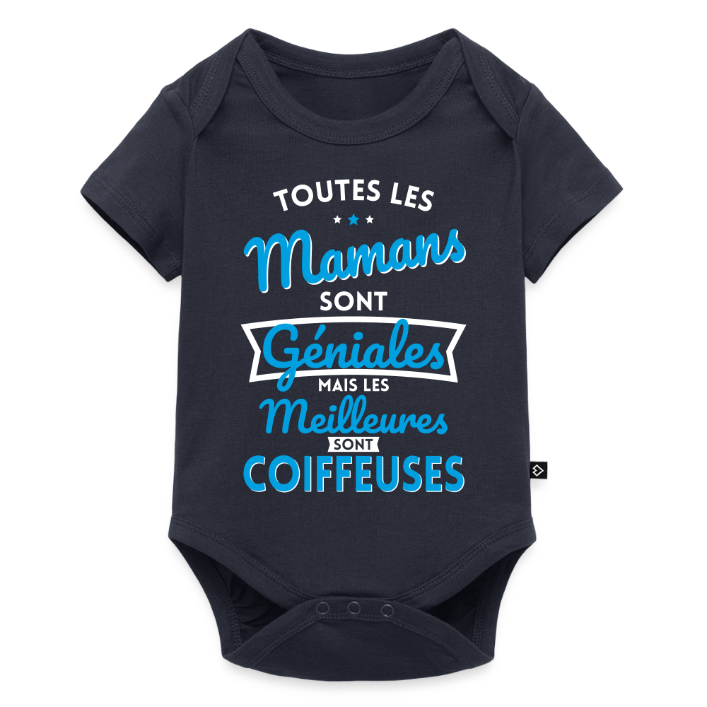 Body Bébé bio manches courtes - Mamans géniales - Les meilleures sont coiffeuses - bleu marine
