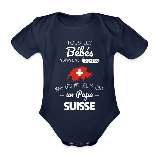 Body Bébé bio manches courtes - Les Meilleurs Ont Un Papa Suisse - marine foncé