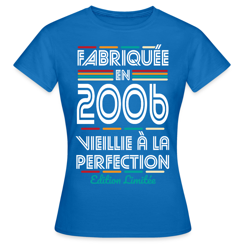 T-shirt anniversaire femme 20 ans – Fabriquée en 2006, Vieillie à la Perfection - bleu royal