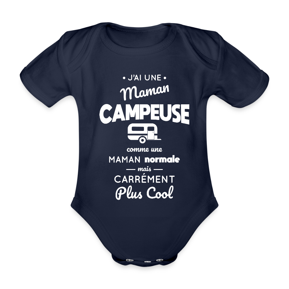Body Bébé bio manches courtes - J'ai une maman campeuse - marine foncé