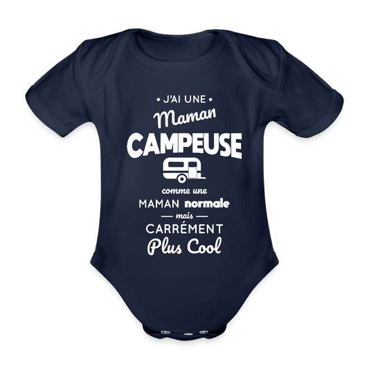 Body Bébé bio manches courtes - J'ai une maman campeuse - marine foncé