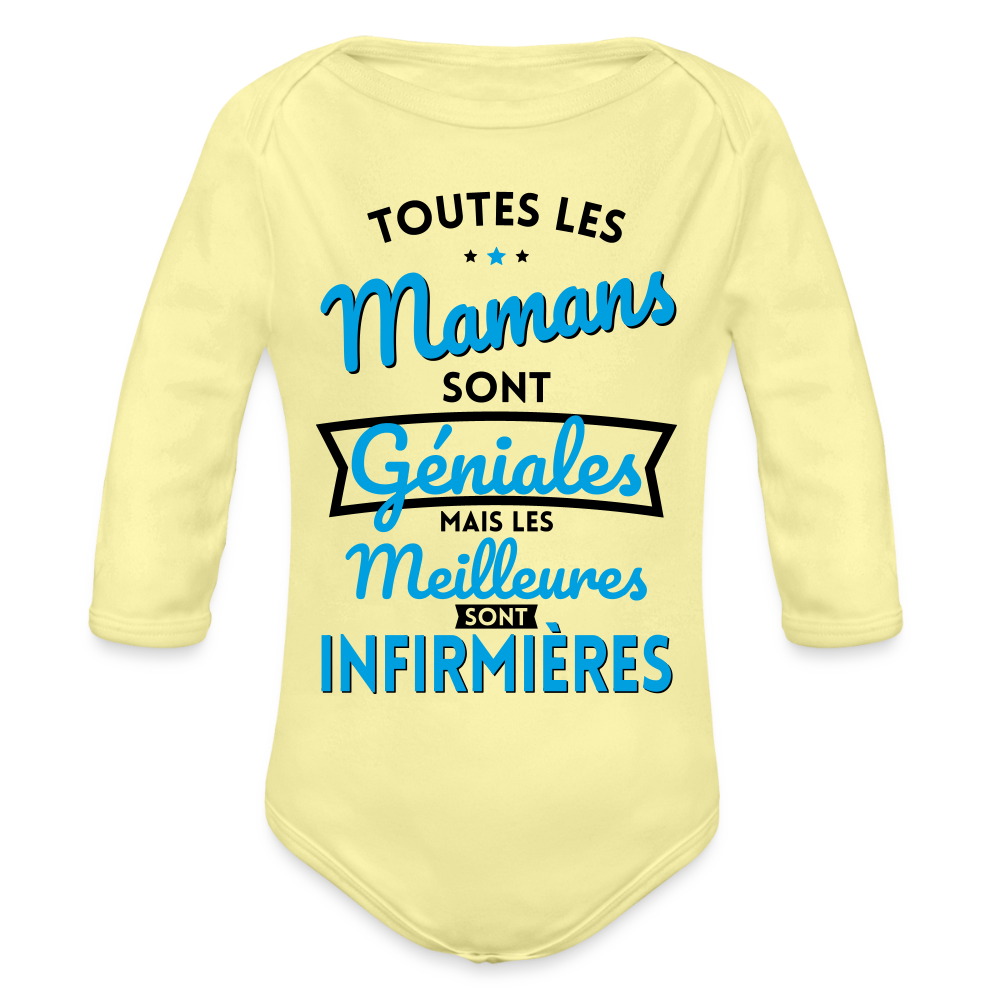 Body Bébé bio manches longues - Mamans géniales - Les meilleures sont infirmières - jaune délavé