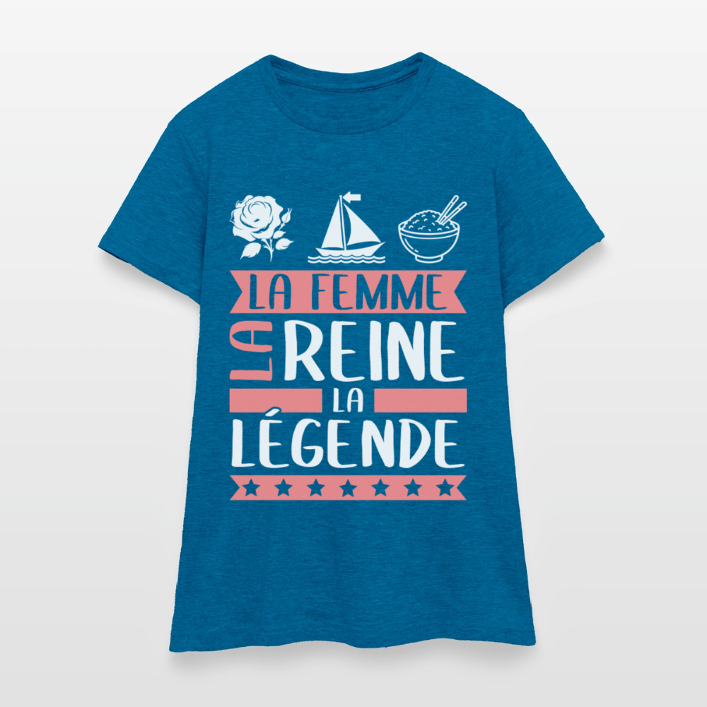 T-shirt femme Rose-Marie rébus – La femme, la reine, la légende - bleu saphir antique chiné