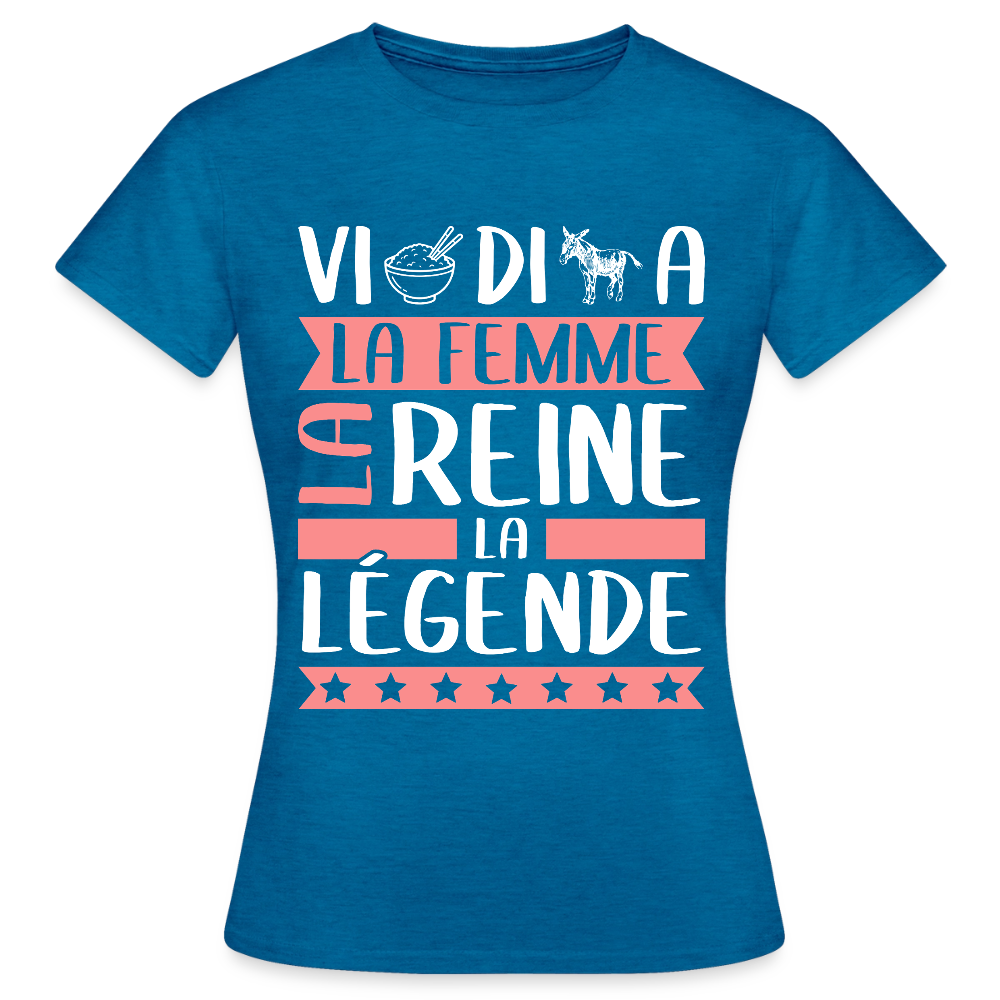 T-shirt femme Viridiana rébus – La femme, la reine, la légende - bleu saphir antique chiné