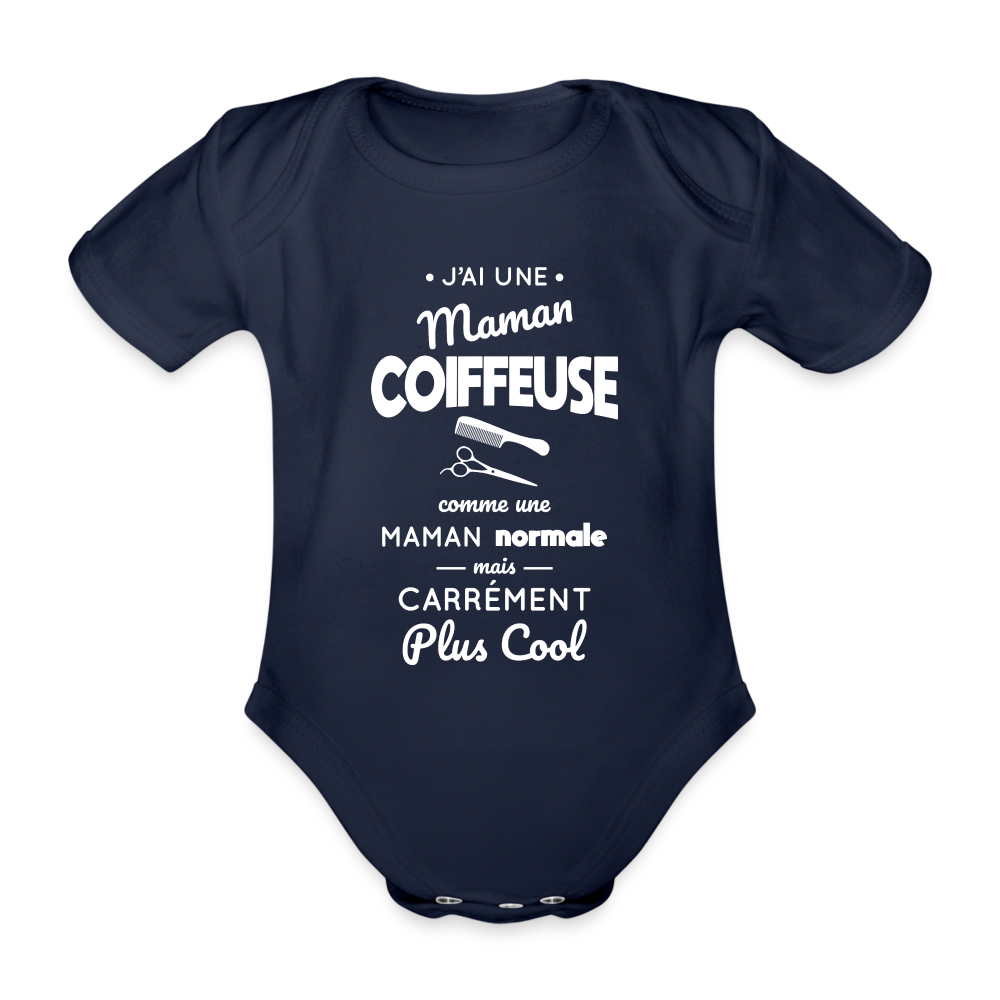 Body Bébé bio manches courtes - J'ai une maman coiffeuse - marine foncé