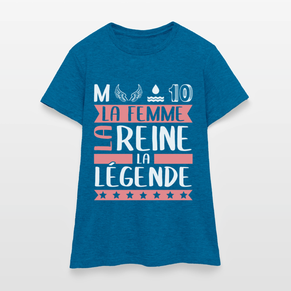 T-shirt femme Mélodie rébus – La femme, la reine, la légende - bleu saphir antique chiné