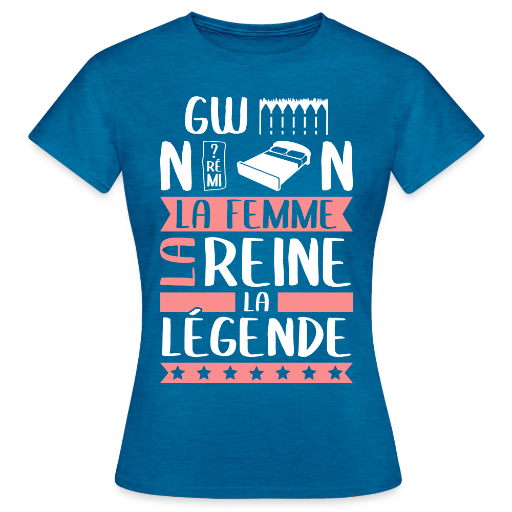 T-shirt femme Gwendoline rébus – La femme, la reine, la légende - bleu saphir antique chiné