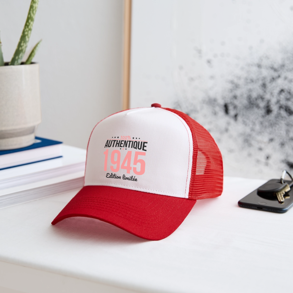 Casquette Trucker - Anniversaire 81 Ans - 100% Authentique 1945 - blanc/rouge