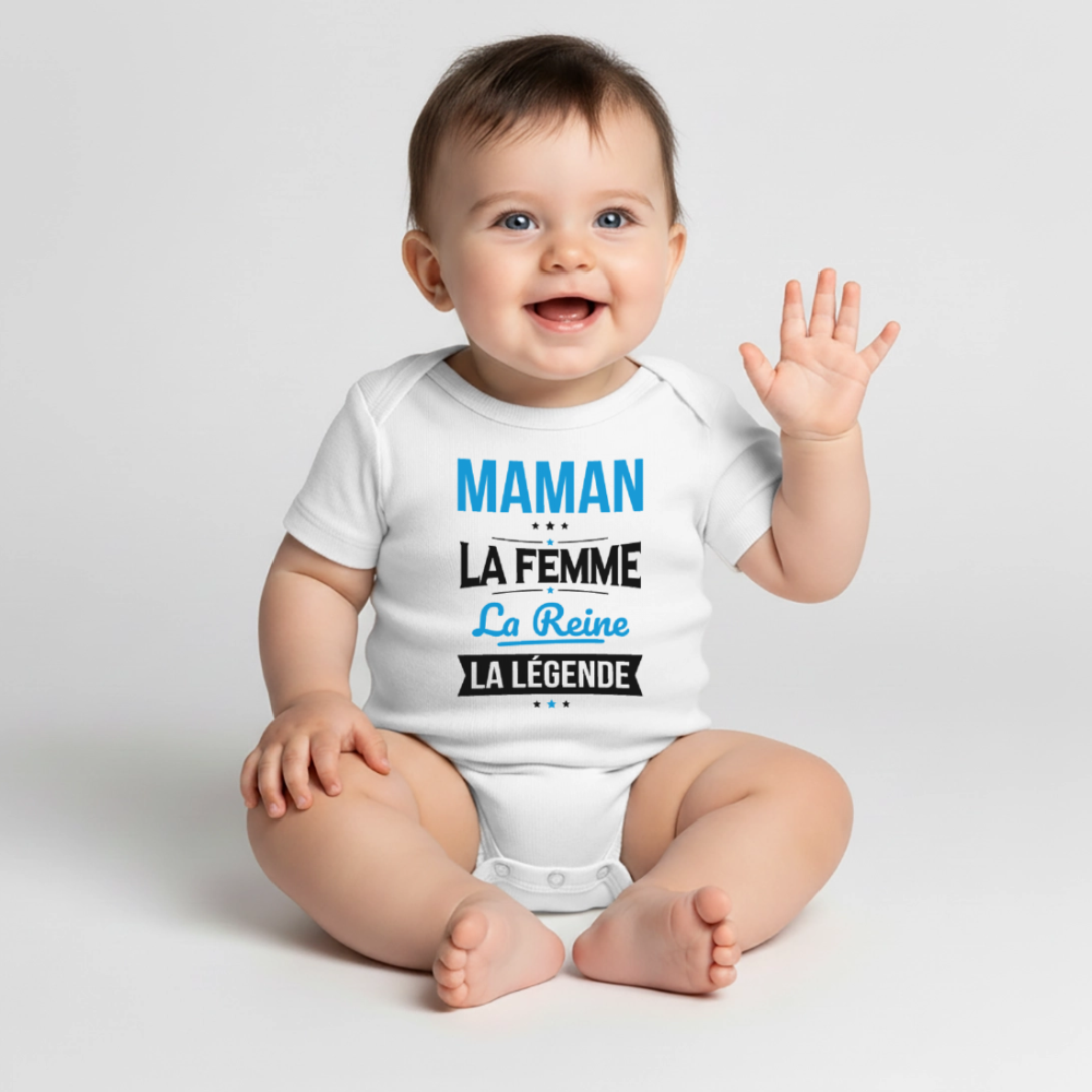 Body bébé bio manches courtes coloris clair - Maman, femme, reine, légende - blanc